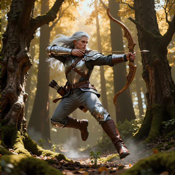 Character in fantasy armor with bow and arrow in a forest setting