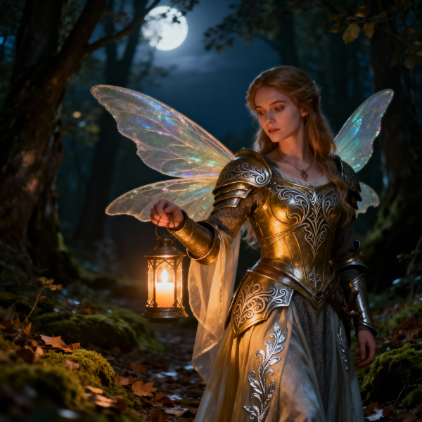 Fairy in armor holding a lantern in a forest at night